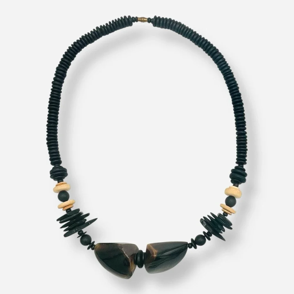 Vintage Chunky Carved Horn Beaded Statement‎ Necklace Gerda Inspired Artsy Boho
